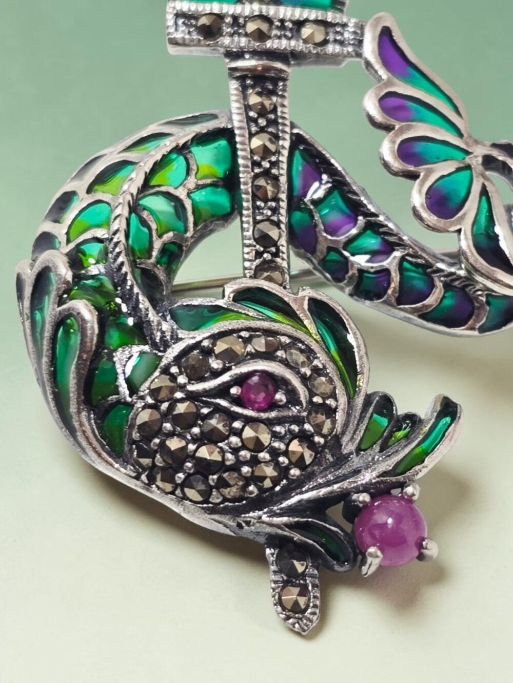 925 Brooch Pendant Plique-à-Jour Enamel DRAGON Marcasite and Ruby Eyes - Picture 3 of 8